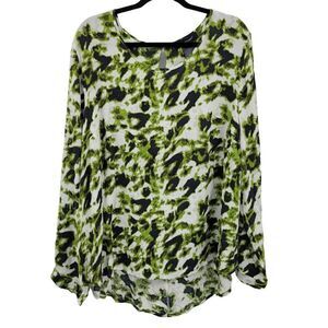 Ashley Stewart‎ Blouse 16 Green Camo Rayon Gauze Roll Tab Sleeve High-low Tunic